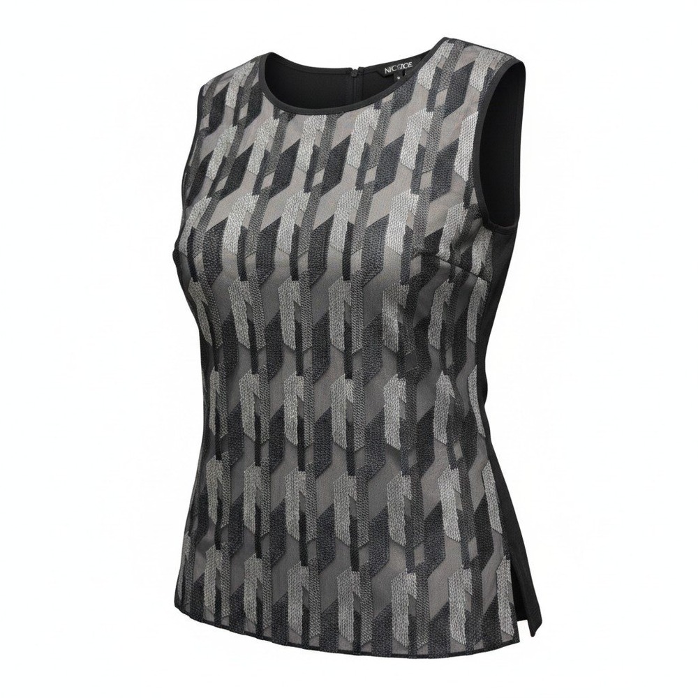 Nic+Zoe Shell Top Womens XS Black Silver Excellent Geometric Sleeveless Blouse